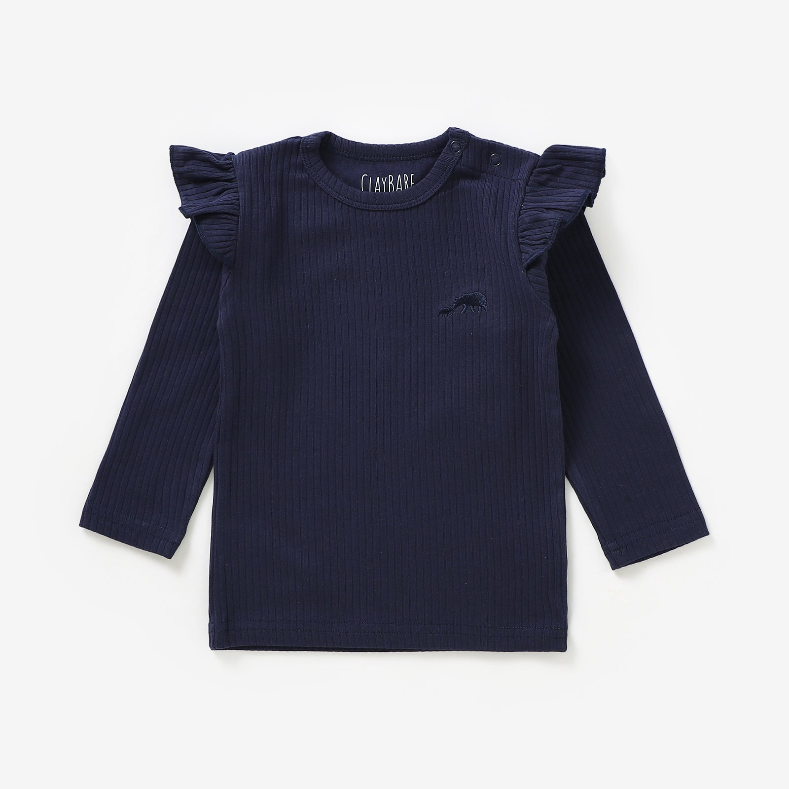 Navy Frill Ribbed Long Sleeve Top