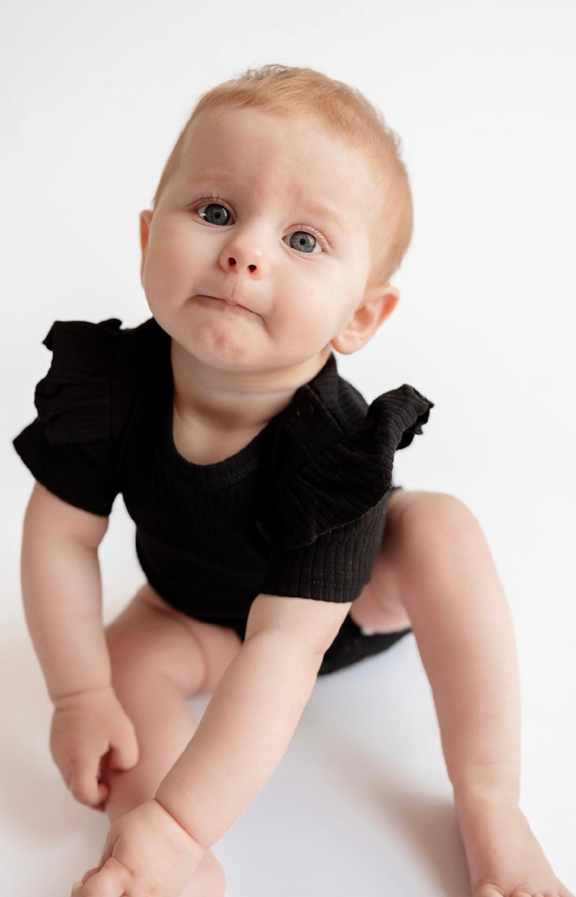 Black Frill Short Sleeve Bodysuit - ClayBearOfficial 