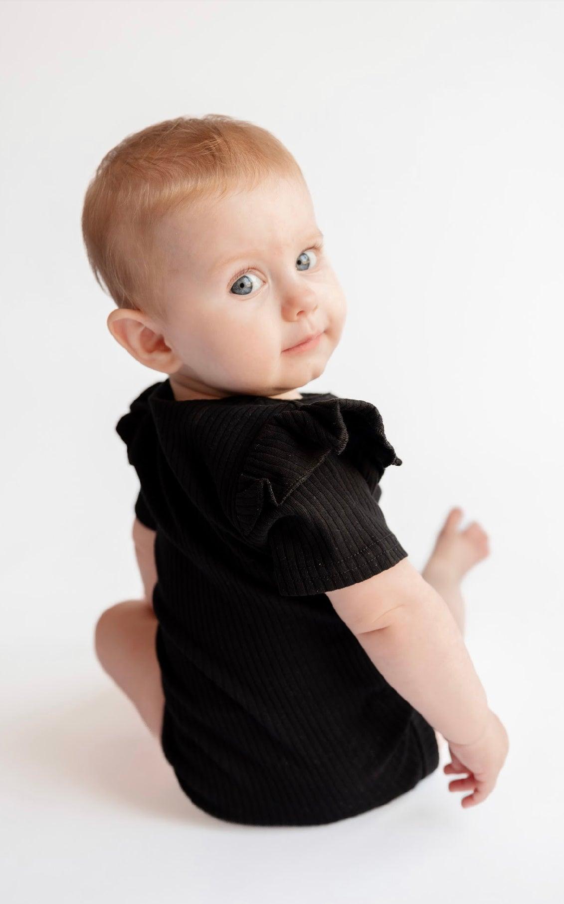 Black Frill Short Sleeve Bodysuit - ClayBearOfficial 