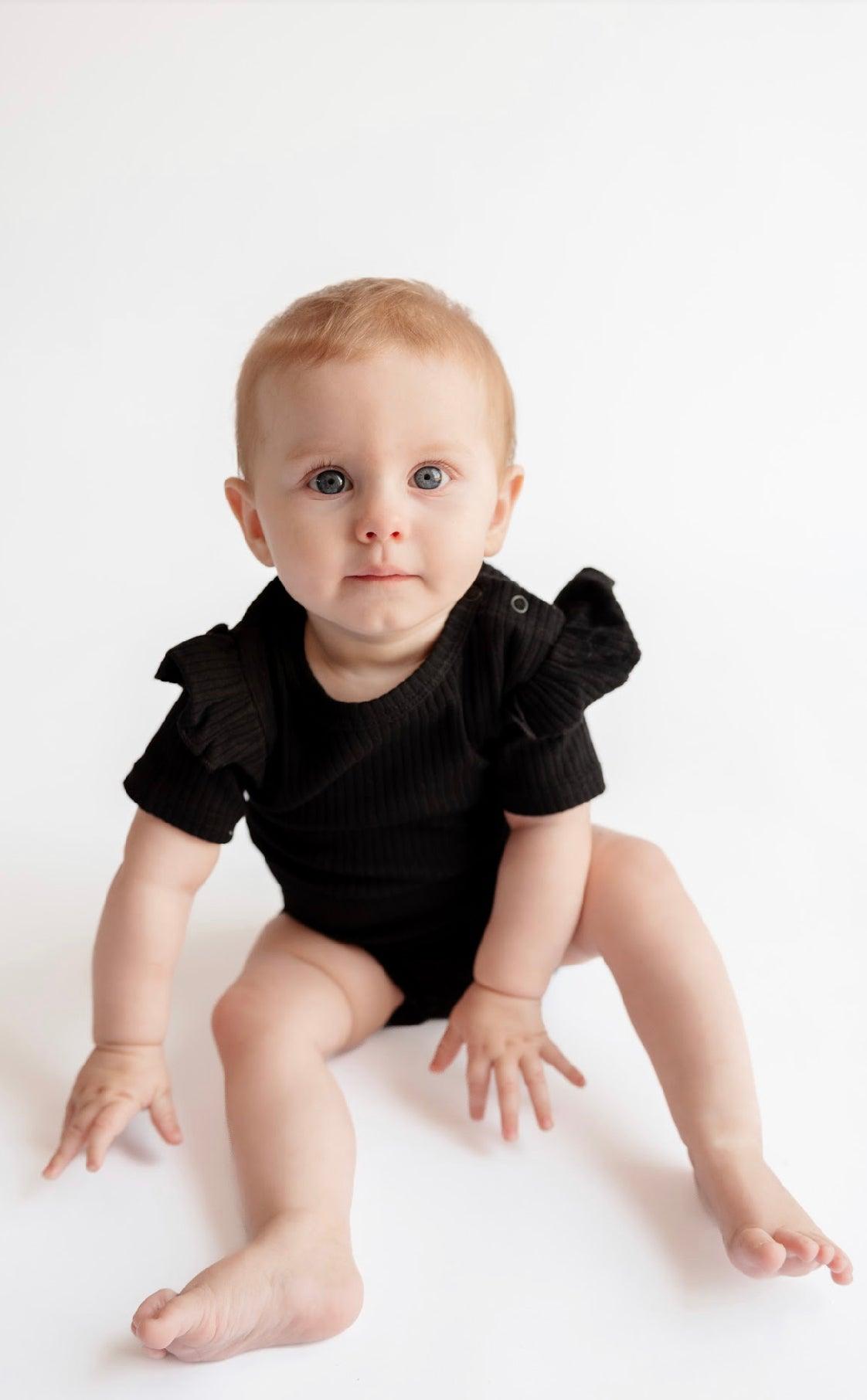 Black Frill Short Sleeve Bodysuit - ClayBearOfficial 