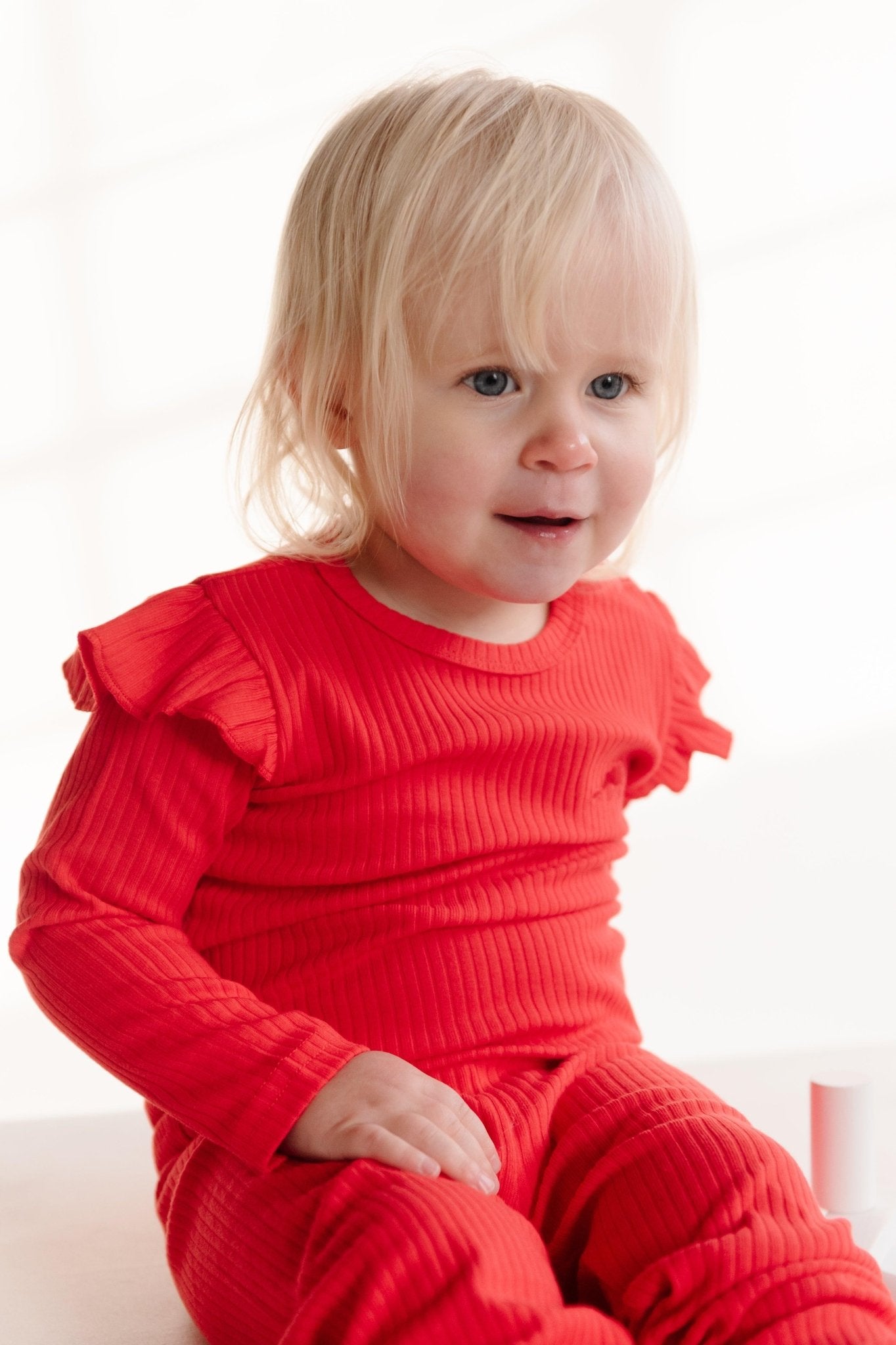 Bright Red Frill Ribbed Long Sleeve Top - ClayBearOfficial 