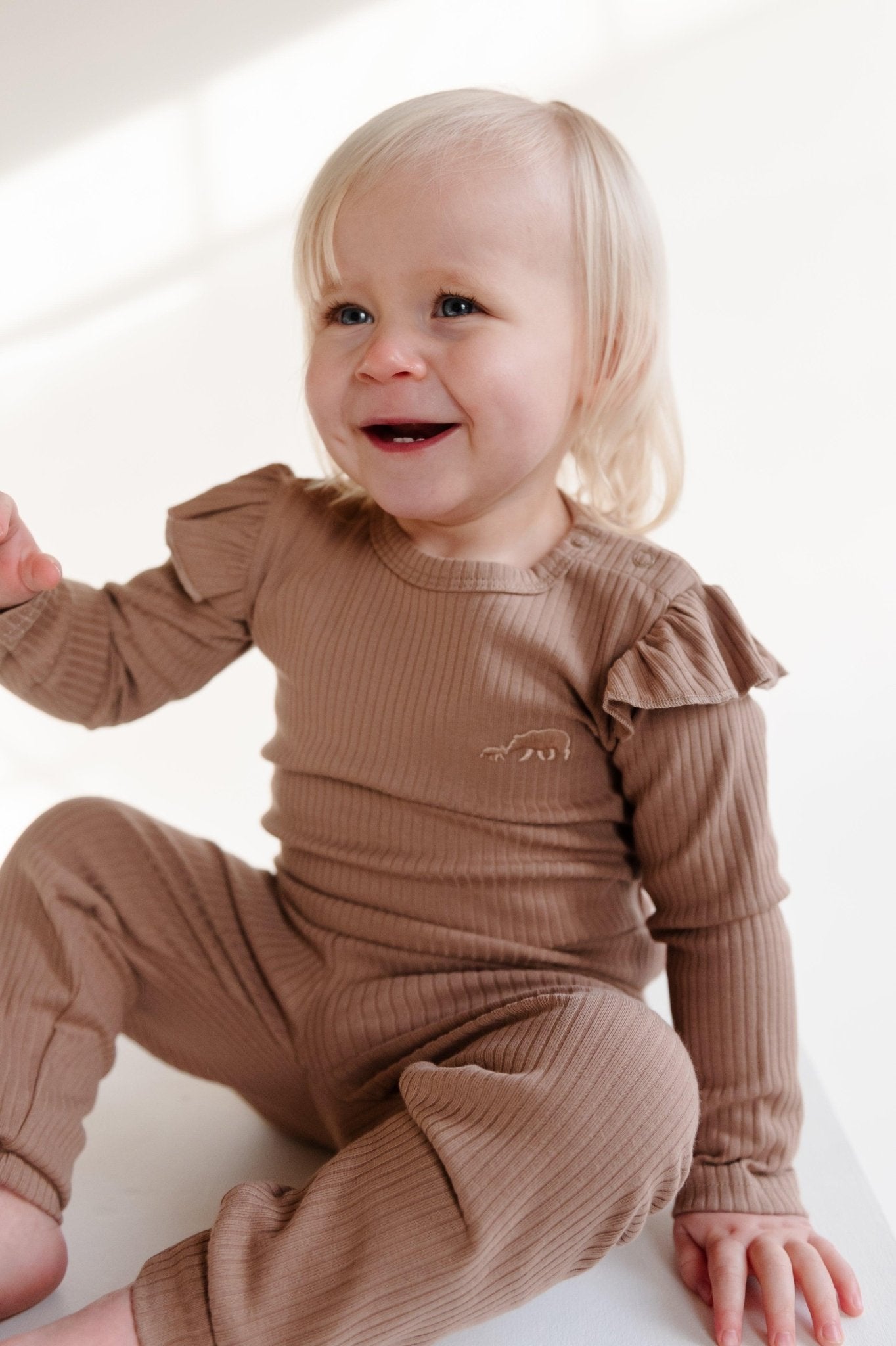 Caramel Frill Ribbed Long Sleeve Top - ClayBearOfficial 