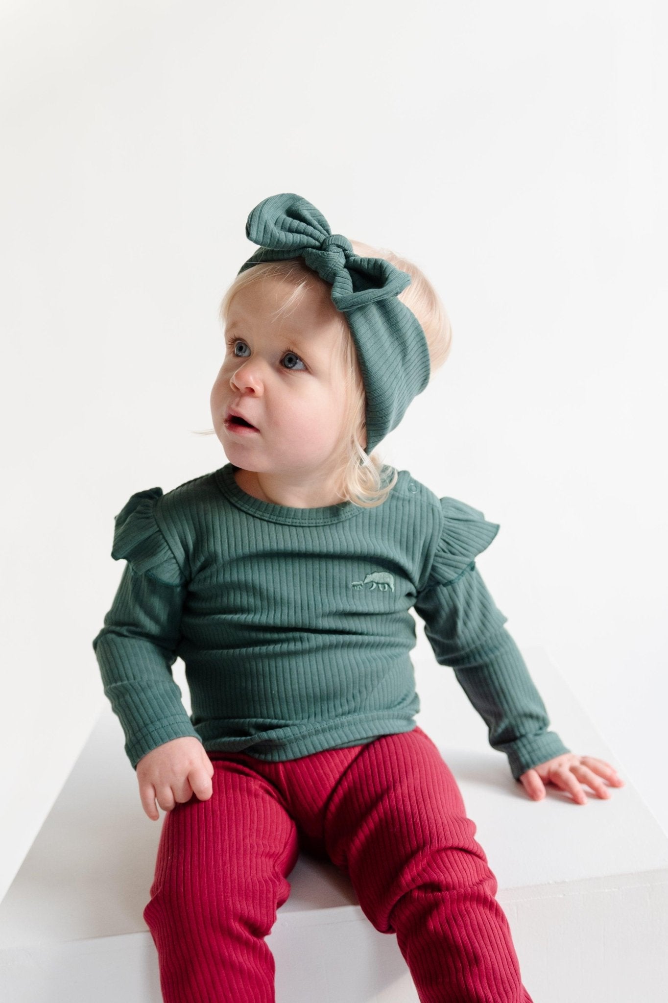 Deep Green Frill Ribbed Long Sleeve Top - ClayBearOfficial 