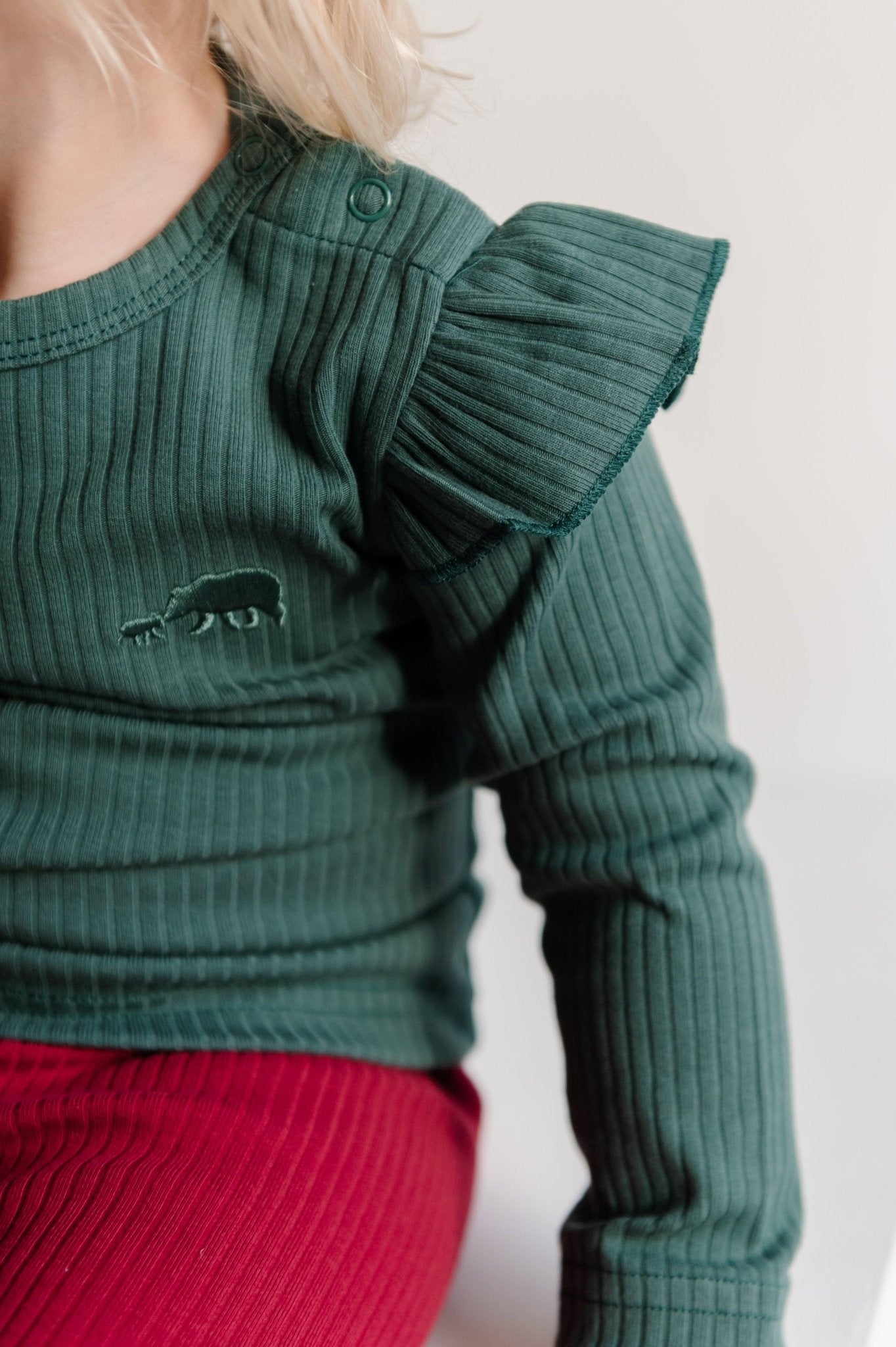 Deep Green Frill Ribbed Long Sleeve Top - ClayBearOfficial 