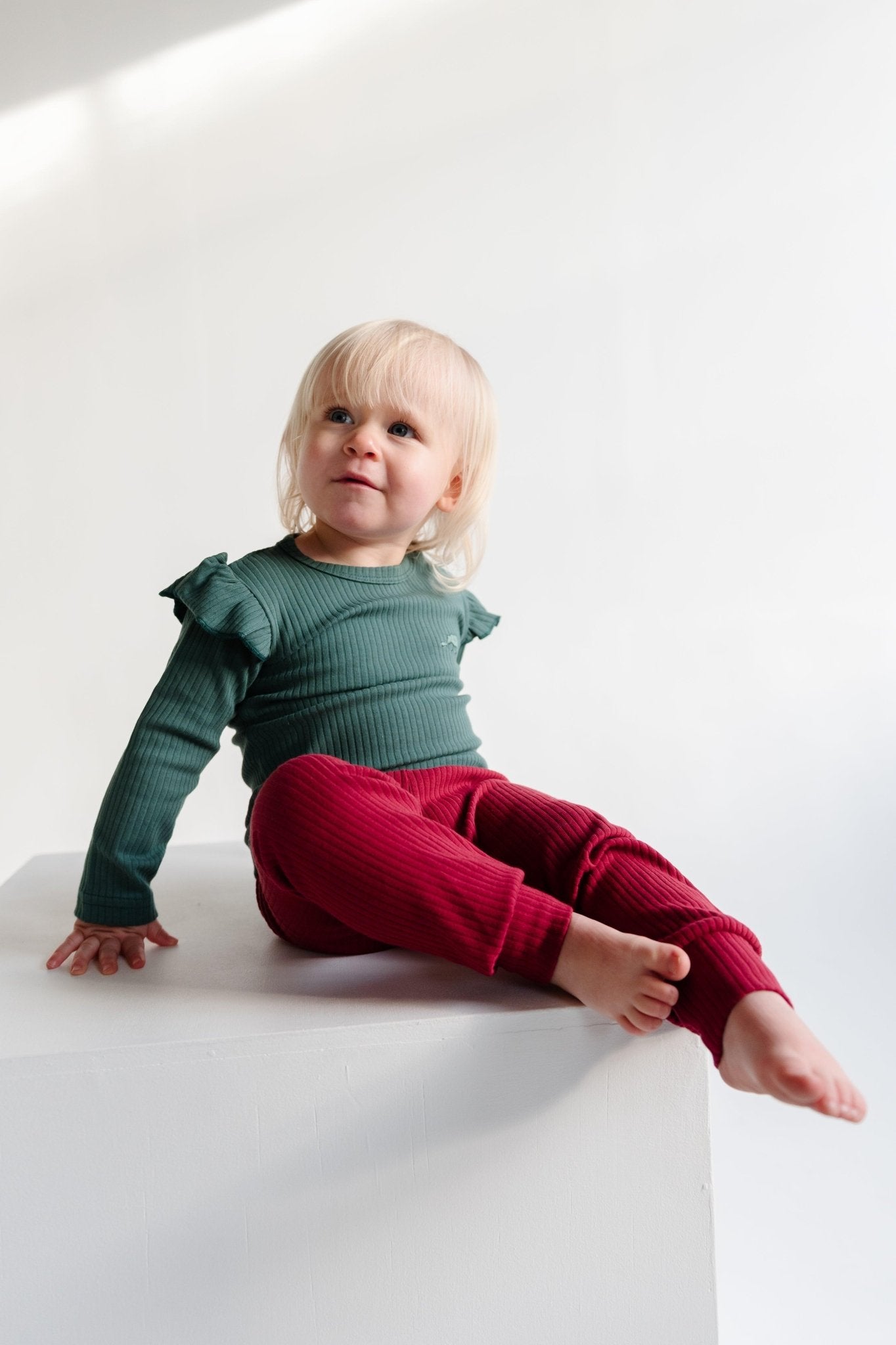 Deep Green Frill Ribbed Long Sleeve Top - ClayBearOfficial 