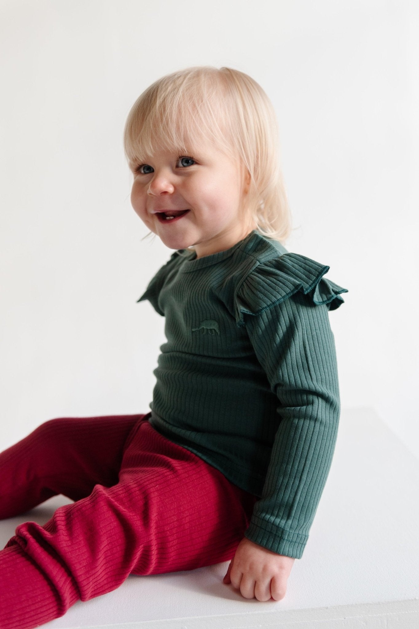 Deep Green Frill Ribbed Long Sleeve Top - ClayBearOfficial 