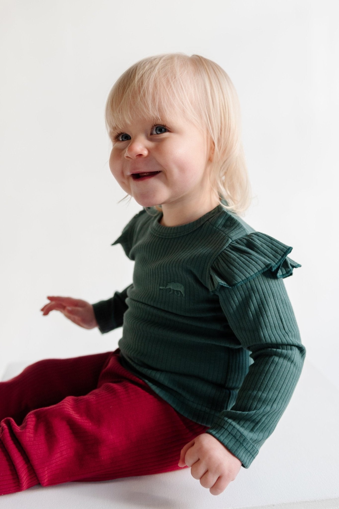 Deep Green Frill Ribbed Long Sleeve Top - ClayBearOfficial 