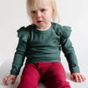 Deep Green Frill Ribbed Long Sleeve Top - ClayBearOfficial 