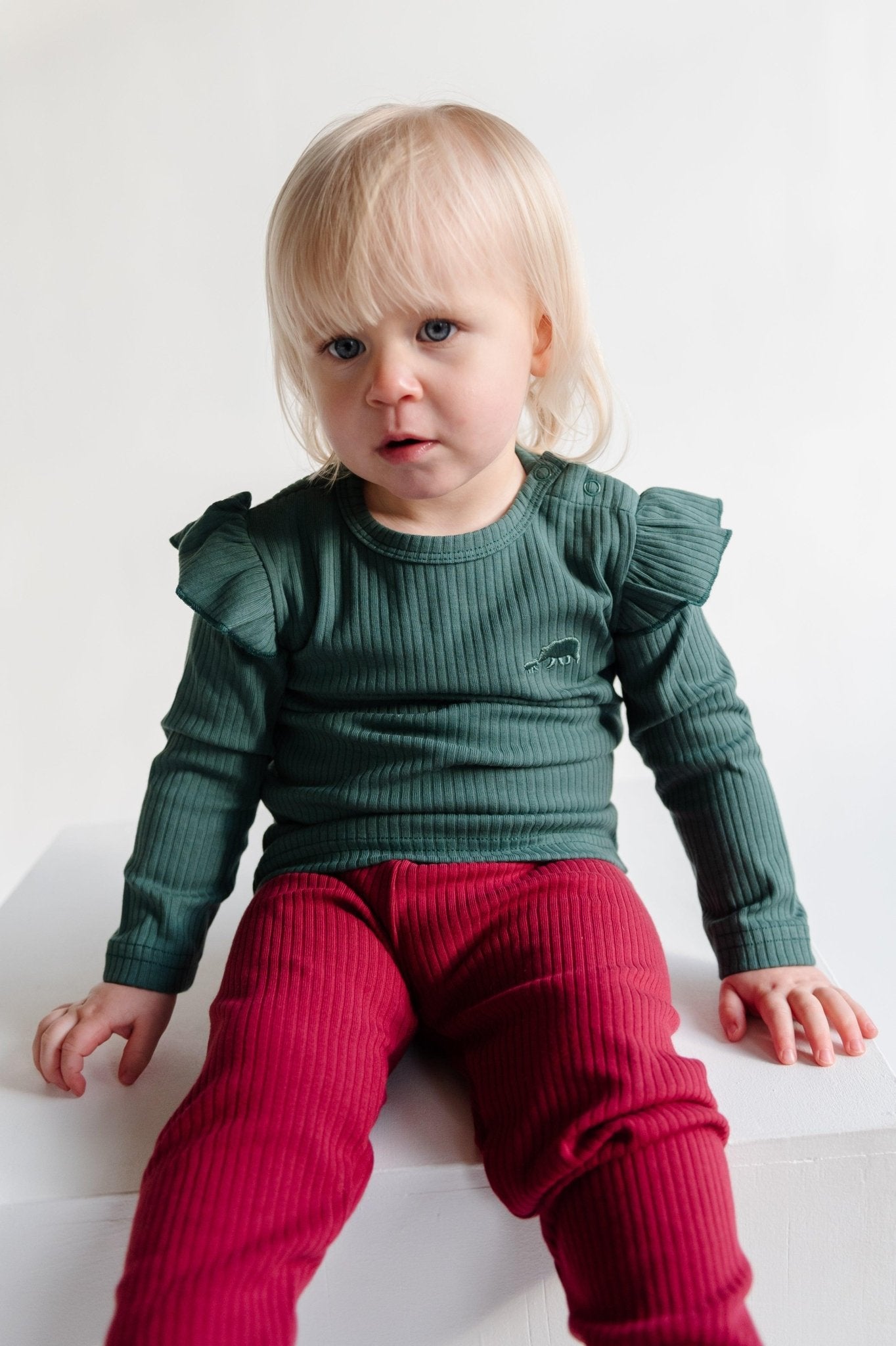 Deep Green Frill Ribbed Long Sleeve Top - ClayBearOfficial 