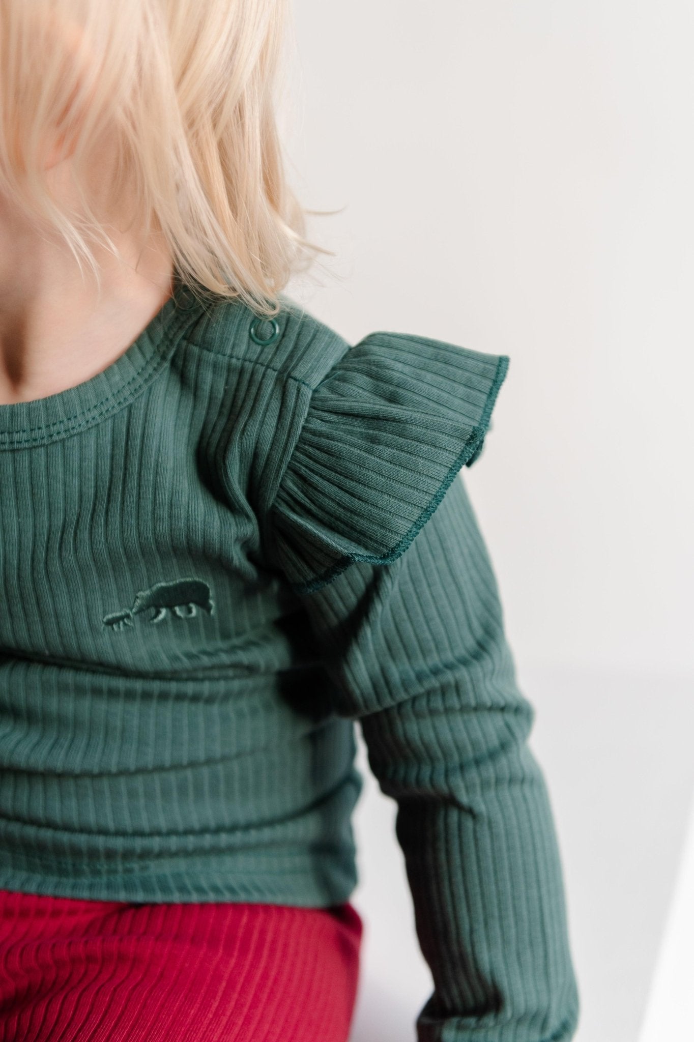 Deep Green Frill Ribbed Long Sleeve Top - ClayBearOfficial 