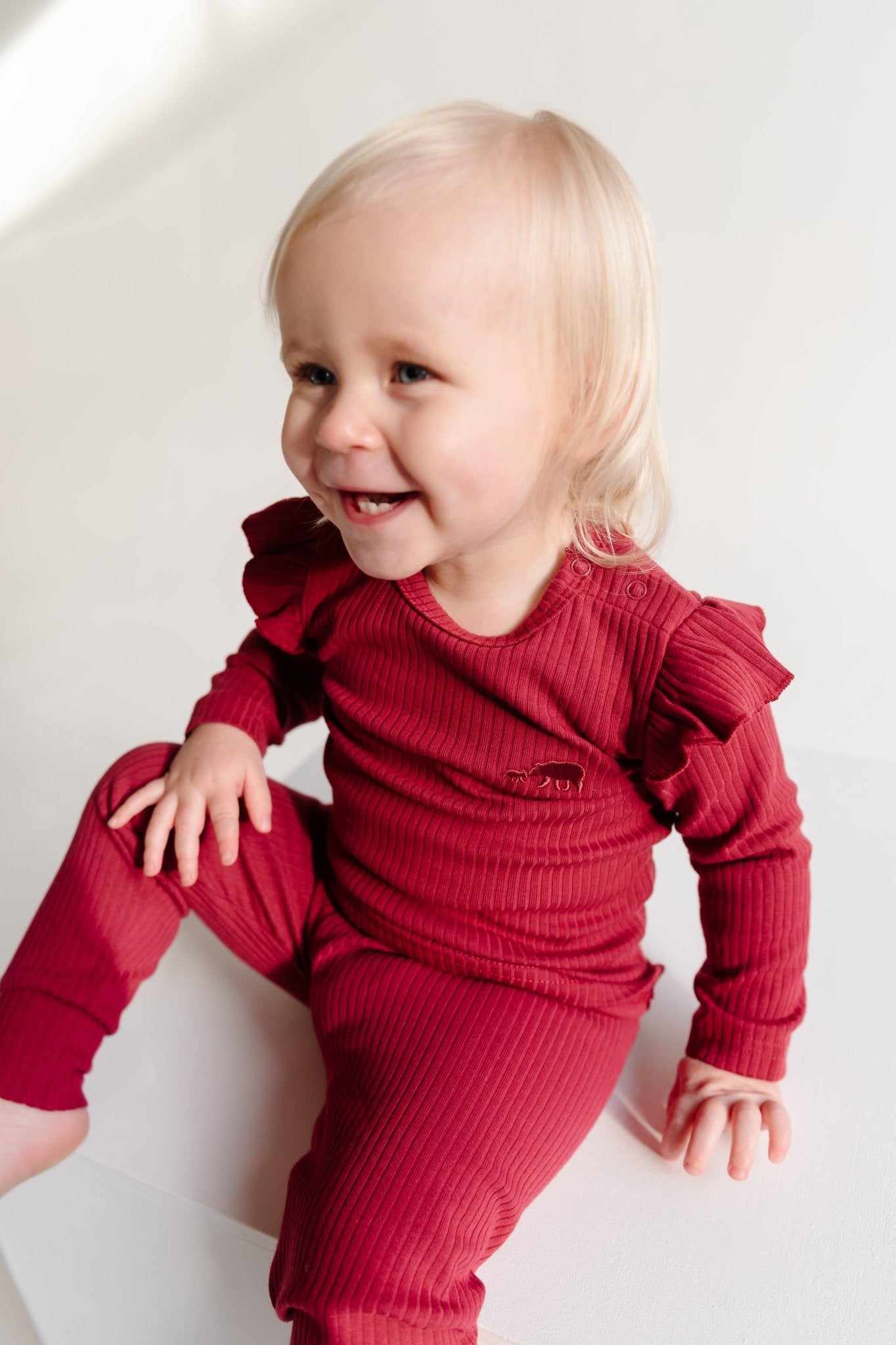 Deep Red Frill Ribbed Long Sleeve Top - ClayBearOfficial 