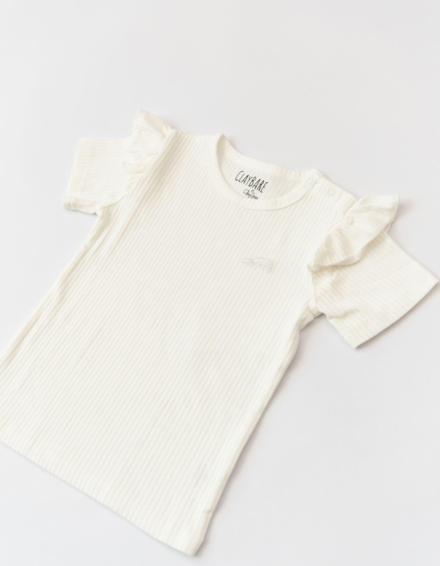 Ecru Frill Ribbed Short Sleeve Top - ClayBearOfficial 