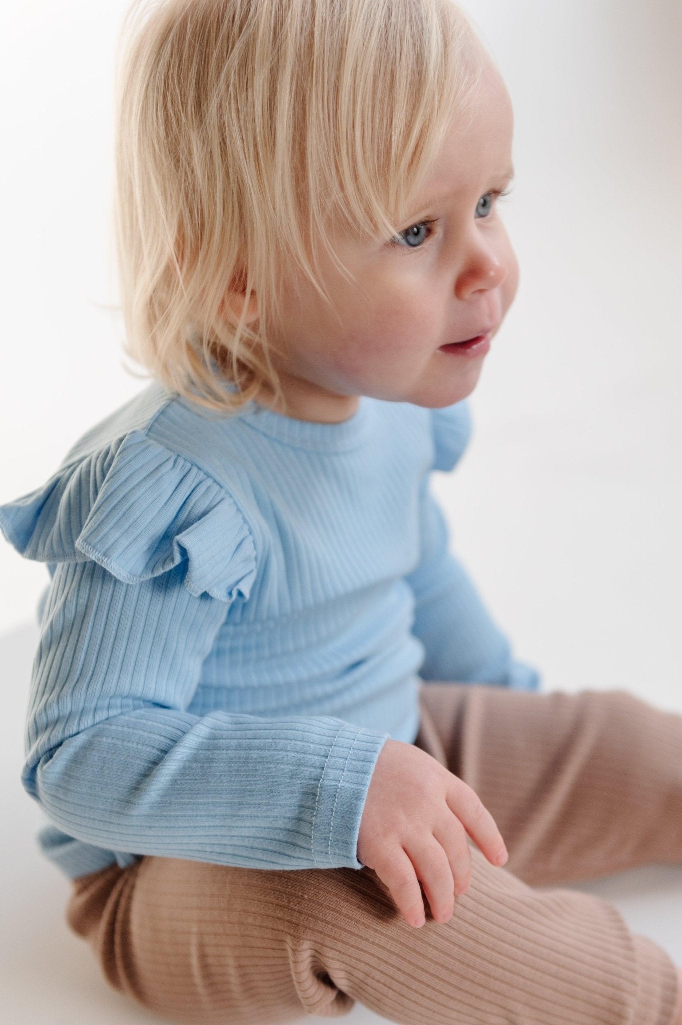 Sky Blue Frill Ribbed Long Sleeve Top - ClayBearOfficial 