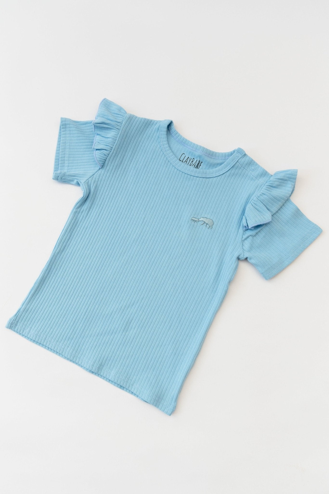 Sky Blue Frill Ribbed Short Sleeve Top - ClayBearOfficial 