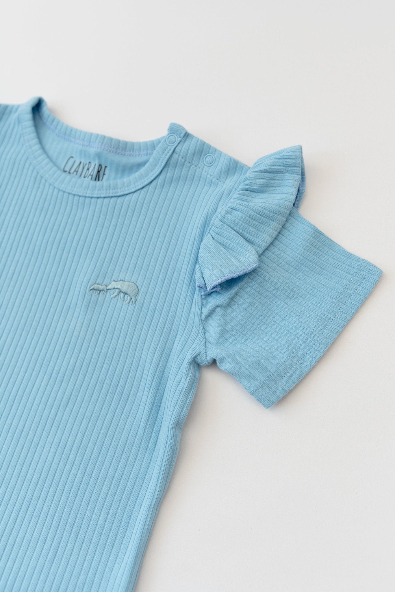 Sky Blue Frill Ribbed Short Sleeve Top - ClayBearOfficial 