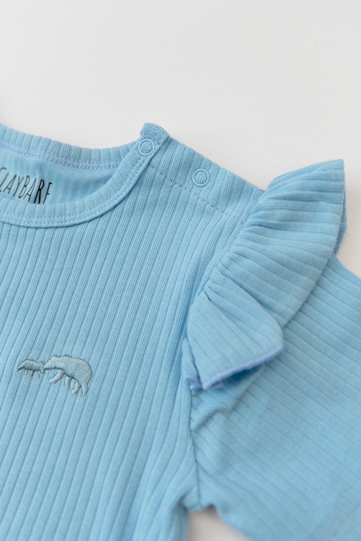 Sky Blue Frill Ribbed Short Sleeve Top - ClayBearOfficial 